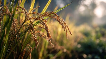 Fototapeta premium Morning Dew on Golden Rice Grains Surrounded by Lush Green Fields Under Soft Sunlight in Early Morning Hours of Nature's Bounty