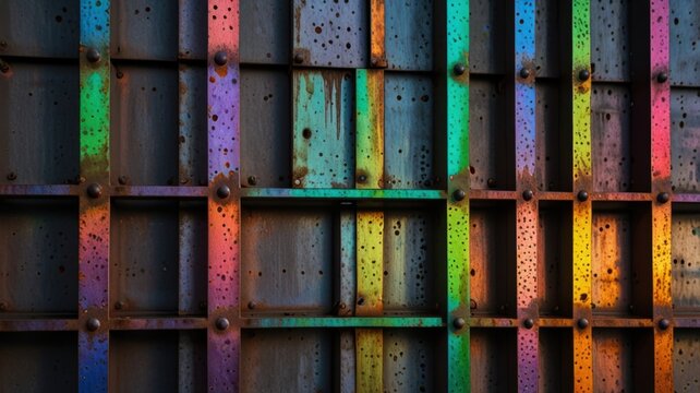 Weathered Perforated Metal Surface with Oil Slick Iridescence and Industrial Rust Background