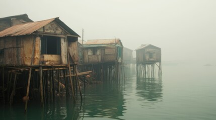 A serene scene of stilt houses rising above calm, foggy waters, creating a mystical atmosphere, Ideal for travel blogs, environmental documentaries, or art projects focusing on coastal living,