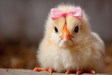 Sweet yellow chick with decorative pink bow