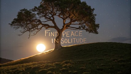 A serene tree under a moonlit night sky with an inspiring message