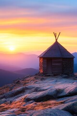 A serene mountain scene featuring a rustic cabin at sunset, surrounded by majestic peaks and colorful skies, This image is ideal for nature-inspired articles, travel blogs