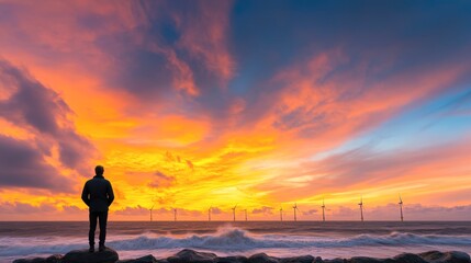 A person stands on rocks by the shoreline, gazing at a breathtaking sunset over the ocean, with wind turbines visible in the distance, This image conveys serenity and renewable energy themes,