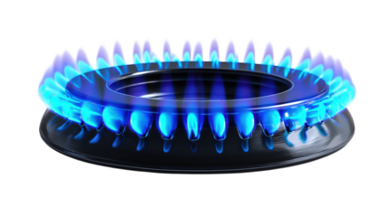 Bright blue gas stove flame ring burning intensely for cooking energy and kitchen appliance concepts.

