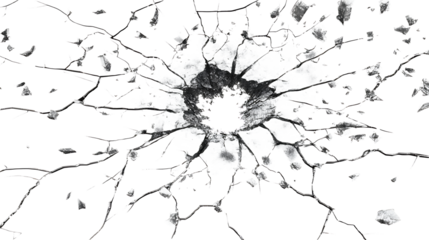 Glass shatter impact with radial cracks and sharp fragments flying outward, realistic destruction overlay, isolated on a white background