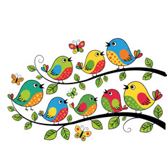 Naklejka premium Colorful birds perched on tree branches with butterflies