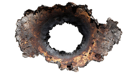 Burned metal hole with scorched edges and heat damage texture, explosion aftermath graphic element, isolated on a white background. 