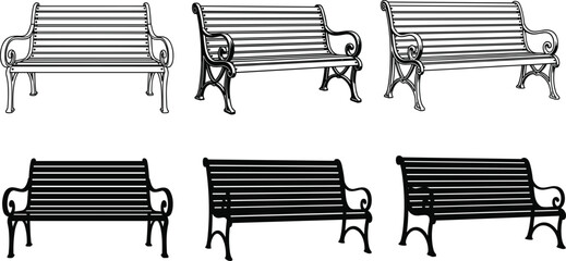 Six Black and White Park Benches in Various Styles seating outdoor
