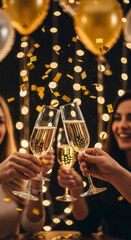 Group of friends celebrating New Years Eve with champagne glasses raised, surrounded by golden confetti and festive atmosphere, capturing joyful moments of togetherness and celebration