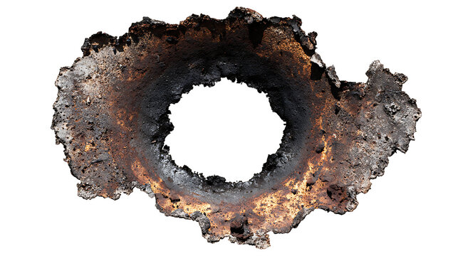 Burned metal hole with scorched edges and heat damage texture, explosion aftermath graphic element, isolated on a white background. 