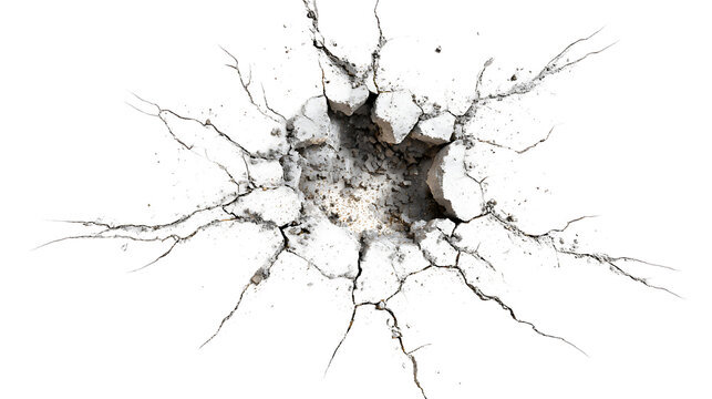 Concrete smash impact with spiderweb cracks and dust explosion, realistic demolition graphic element, isolated on a white background