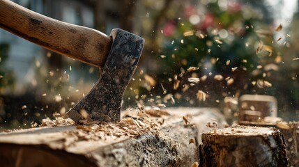 Axe hitting wood and splitting a log
