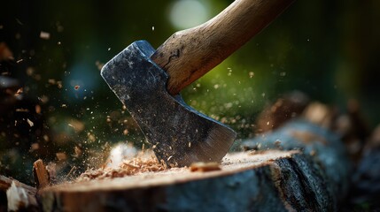 Chopping firewood with an axe in garden