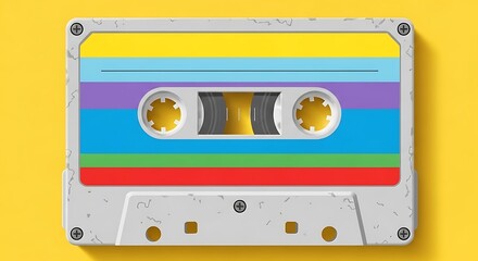 Naklejka premium Retro cassette tape with vibrant rainbow stripes against yellow background