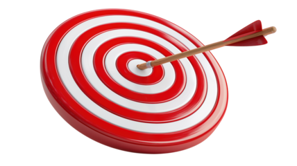 Red and white archery target with arrow in bullseye for business success and goal concepts.

