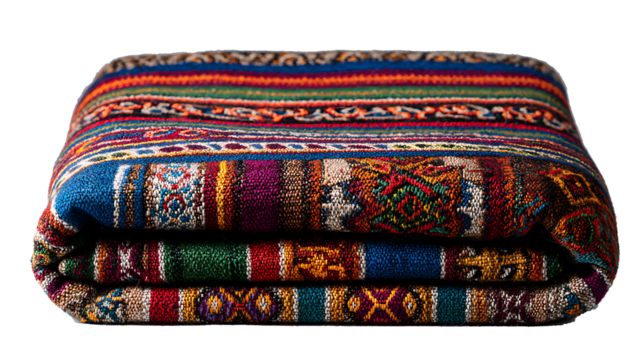 Peruvian Inca textile fabric folded with colorful geometric designs, isolated on a white background. - Powered by Adobe