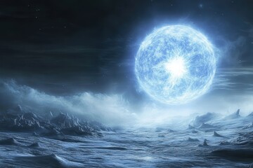 Fototapeta premium Bright celestial body illuminates a dark, frozen landscape in an otherworldly setting