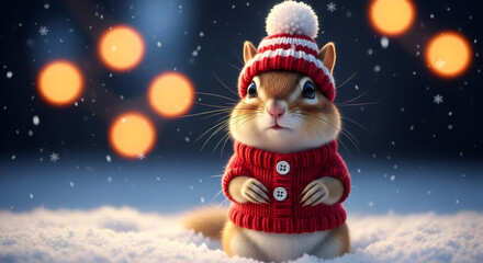 Cute squirrel wearing a red sweater and hat stands in snow with festive bokeh lights in the background, capturing the joyful spirit of Christmas and New Year celebrations