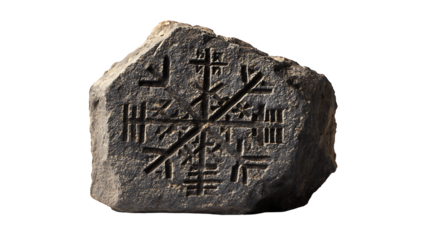 Nordic runestone fragment with carved symbols, isolated on a white background