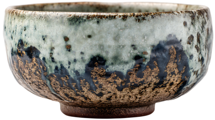 Japanese tea ceremony ceramic bowl with rustic glaze, isolated on a white background