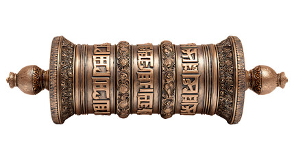 Tibetan prayer wheel with engraved mantras, isolated on a white background.