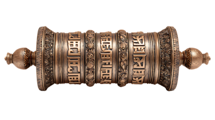 Tibetan prayer wheel with engraved mantras, isolated on a white background.