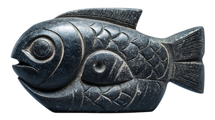 Inuit carved soapstone animal sculpture with smooth dark texture, isolated on a white background