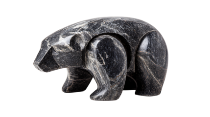 Inuit carved soapstone animal sculpture with smooth dark texture, isolated on a white background