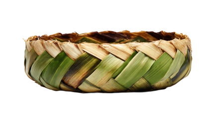 Balinese ceremonial offering basket made of woven palm leaves, isolated on a white background.