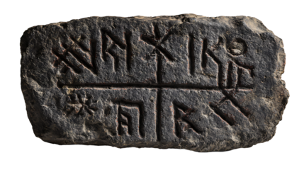 Nordic runestone fragment with carved symbols, isolated on a white background