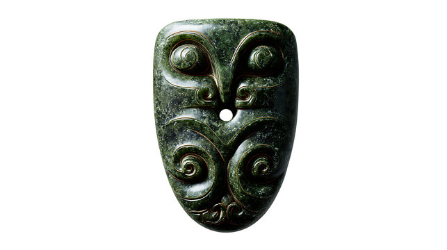 Maori greenstone hei tiki pendant with polished jade texture, isolated on a white background