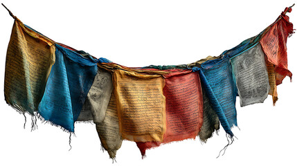 Nepalese prayer flags fabric strip with faded colors and printed mantras, isolated on a white background