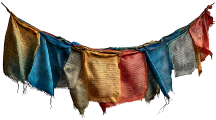 Nepalese prayer flags fabric strip with faded colors and printed mantras, isolated on a white background