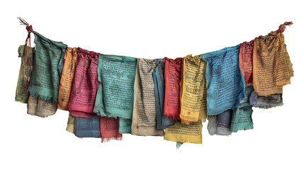 Nepalese prayer flags fabric strip with faded colors and printed mantras, isolated on a white background