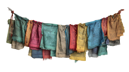 Nepalese prayer flags fabric strip with faded colors and printed mantras, isolated on a white background
