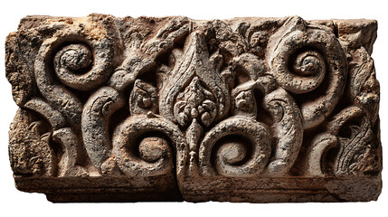 Cambodian Angkor-style stone relief carving fragment with ancient motifs, isolated on a white background