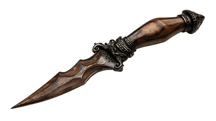 Indonesian kris dagger with wavy blade and carved handle, isolated on a white background