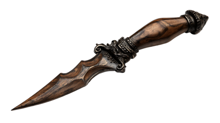 Indonesian kris dagger with wavy blade and carved handle, isolated on a white background