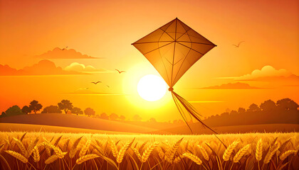 Vibrant vector illustration of a classic kite gracefully soaring in a breathtaking golden sunset sky, casting warm light over a serene wheat field, symbolizing freedom and festive outdoor joy