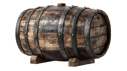 Cuban rum wooden barrel with aged texture and metal rings, isolated on a white background
