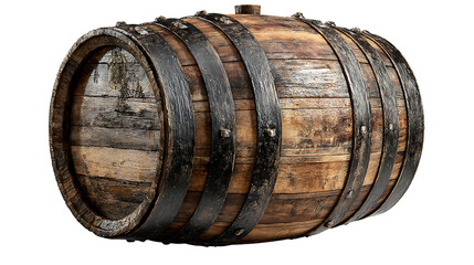 Cuban rum wooden barrel with aged texture and metal rings, isolated on a white background