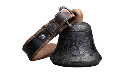 Swiss alpine cowbell with leather strap and engraved metal surface, isolated on a white background.