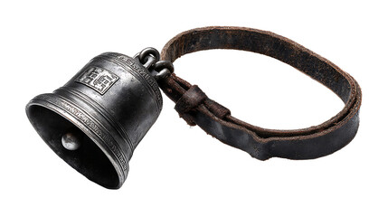 Swiss alpine cowbell with leather strap and engraved metal surface, isolated on a white background.