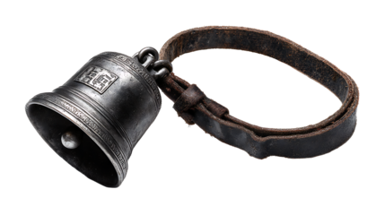 Swiss alpine cowbell with leather strap and engraved metal surface, isolated on a white background.