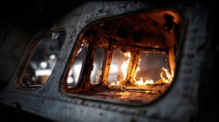 Shattered aircraft cockpit after fire and crash