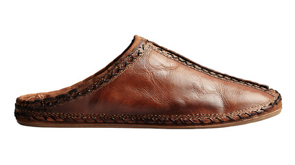 Moroccan leather babouche slipper with traditional stitching, isolated on a white background.