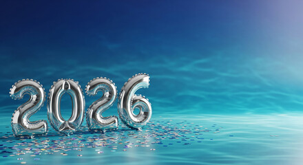 Metallic numeral balloons spelling 2026 rest on a wavy surface with confetti. The image represents a festive atmosphere, celebrating the upcoming year.