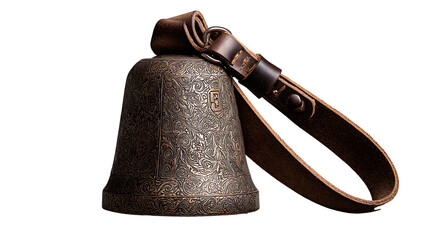 Swiss alpine cowbell with leather strap and engraved metal surface, isolated on a white background.