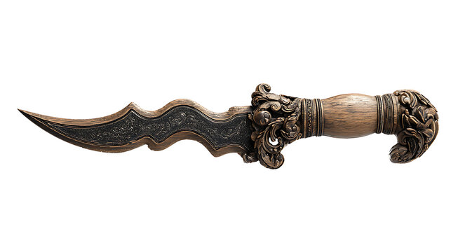 Indonesian kris dagger with wavy blade and carved handle, isolated on a white background