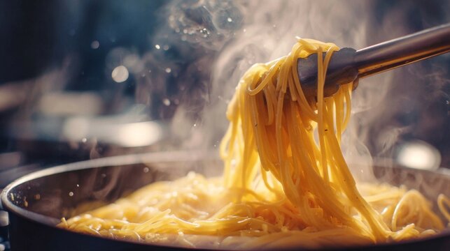 Steaming Fresh Pasta Being Lifted from a Pot with Tongs, Showcasing the Texture and Warmth of Homemade Italian Cuisine in a Kitchen Setting